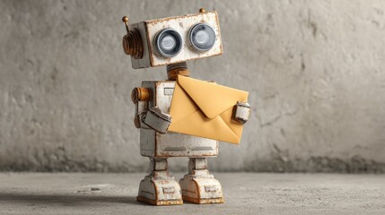 Courier robot holding a sealed envelope over a brushed concrete backdrop