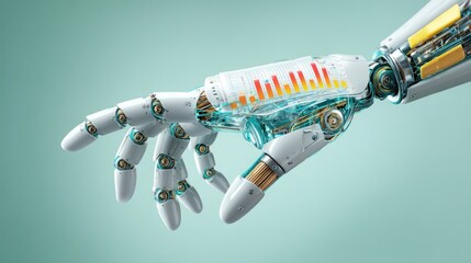 Cyber robot hand with financial heatmap chart suspended over light mint green