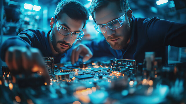 Collaboration of electronics engineers on complex circuit board in high tech manufacturing environment