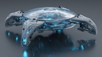 Cybernetic drone showcasing layered terrain hologram on ash grey background