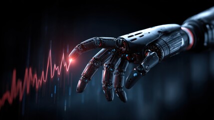 Dark robot with red-blue gradient graph floating above silver fingers