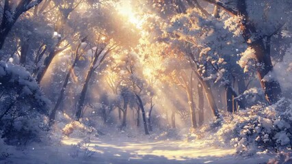 A beautiful winter forest, with tall trees covered in snow and sunlight shining through the branches - Powered by Adobe