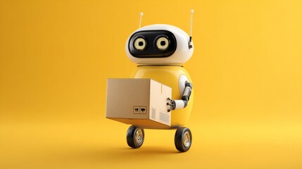 Delivery robot holding insulated box on sunny yellow solid background