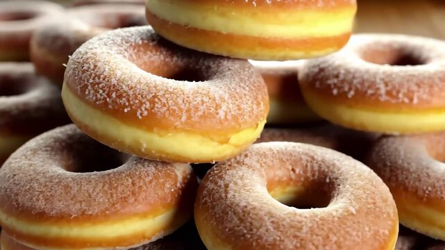 A delightful pile of freshly baked cinnamon sugar doughnuts ready to be enjoyed, perfect for breakfast or a sweet snack on a cozy morning