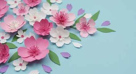 Paper Flowers Spring Blossom Design - Lovely pink and white paper flowers arranged on a light blue background. Perfect for spring themes