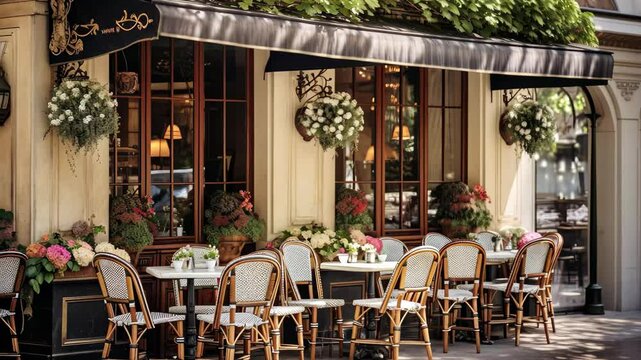 A charming Parisian cafe with outdoor seating invites guests to enjoy coffee and pastries on a sunny day in the heart of the city, surrounded by beautiful greenery and elegant decor