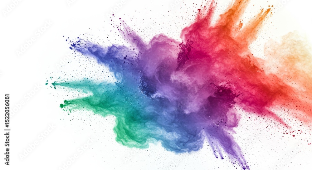Poster vibrant color explosion - a burst of multicolored powder explodes against a white background, creati