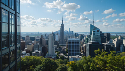 Fototapeta premium Stunning cityscape view from modern building showcasing nature and urban skyline on sunny day