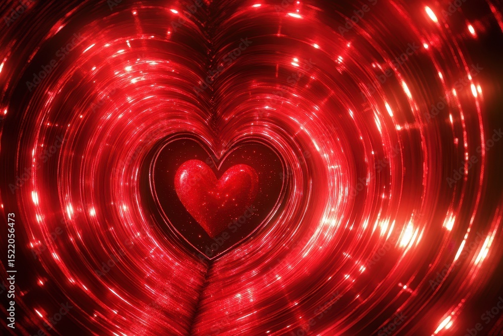 Poster Vibrant abstract red striped particle heart shaped tunnel creating a mesmerizing visual experience, Abstract Red Striped Particle Heart Shaped Tunnel Background