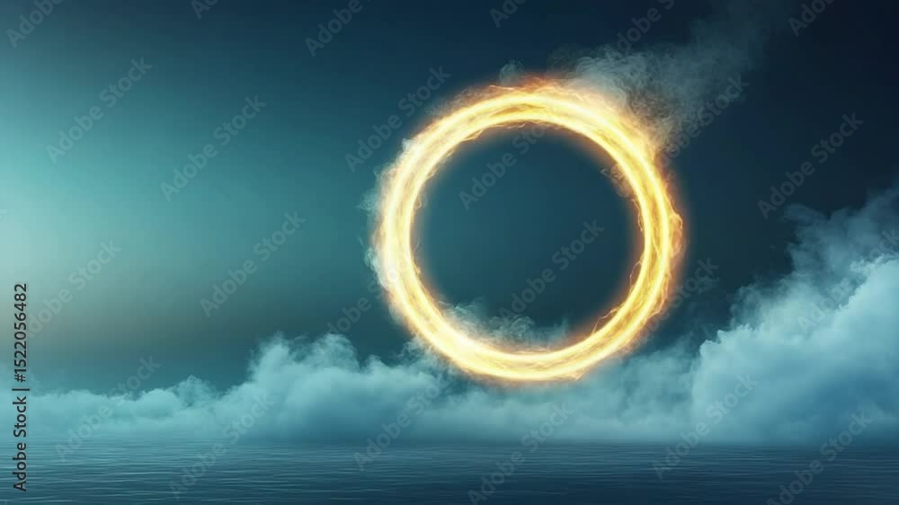 Poster glowing ring above clouds: a mystical golden ring of light hovers above a serene landscape of clouds