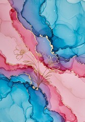 Abstract Floral Ink Wash Painting - Serene abstract art featuring pink, blue, and purple ink washes, accented with gold leaf and delicate floral line art