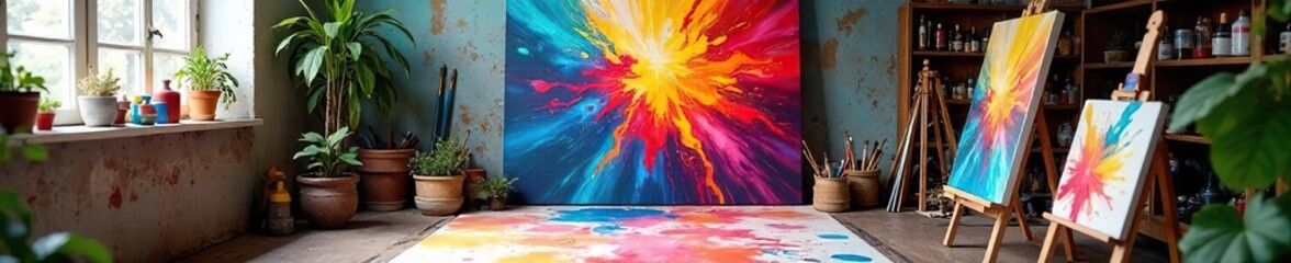 A vibrant studio filled with colorful paints, canvases, and art supplies, ready for a creative explosion The scene is bursting with artistic energy and potential , artwork, creative