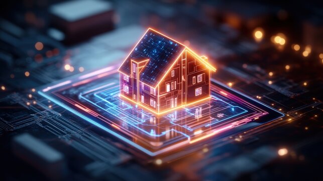 Futuristic holographic house model with glowing neon lights on digital technology circuit board background - Powered by Adobe