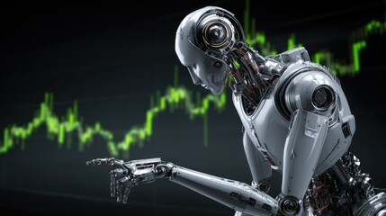 Futuristic silver robot analyzing glowing green stock chart on black background