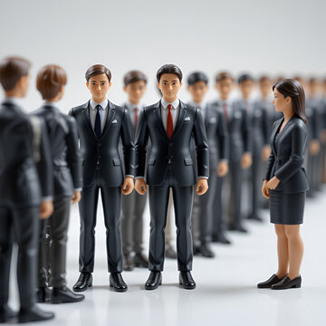 The employee assimilation process. A line of toy plastic workers with no faces. Depicting human resources, the first day at work, team introductions, and corporate culture. A newcomer distinguishes