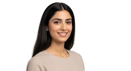 Friendly young Middle Eastern woman smiling — transparent background
