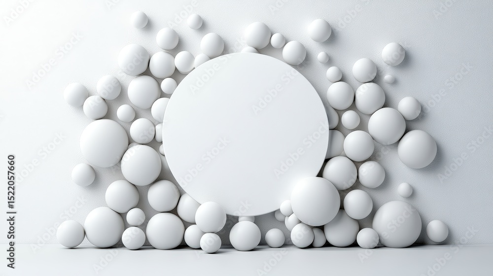 Poster minimalistic white circular display stand surrounded by various sizes of white spheres on light back