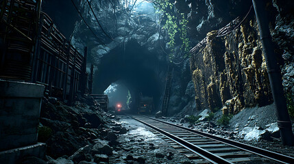 Naklejka premium Pixelated Night Train Tunnel Through Abandoned City