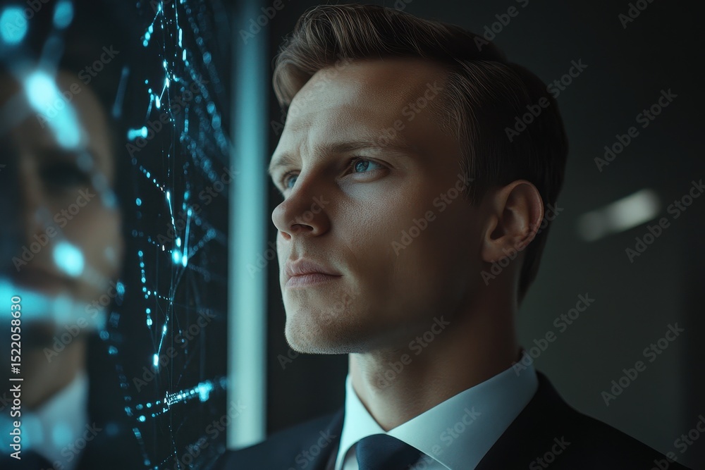 Poster data processing observation by a businessman in a modern office setting during the day, monitor data