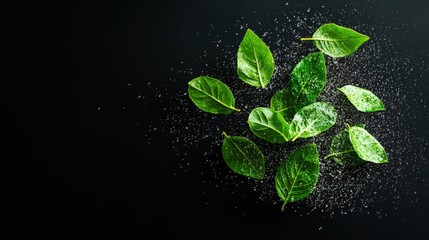 Fresh Green Leaves Falling and Scatte in Midair with Water Splash Against Black Background