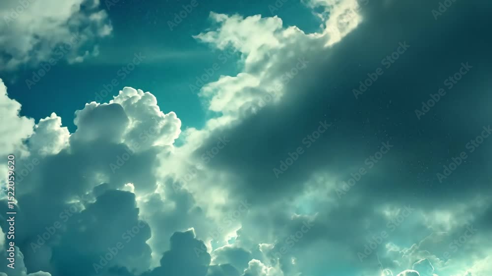 Poster digital clouds swirl through a bright sky filled with shimmering code, creating an ethereal atmosphe