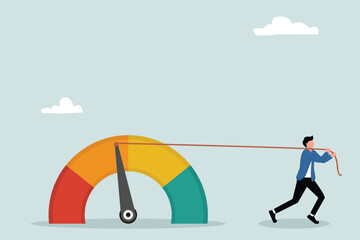 Obraz premium Pull skill level, credit score or performance improvement, improvement or effort to be better, excellent customer feedback review, measuring scale rating concept, businessman pulling skill performance