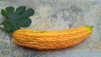 The perfectly ripe bitter melon is placed on the cement floor. The bitter melon is peeled.