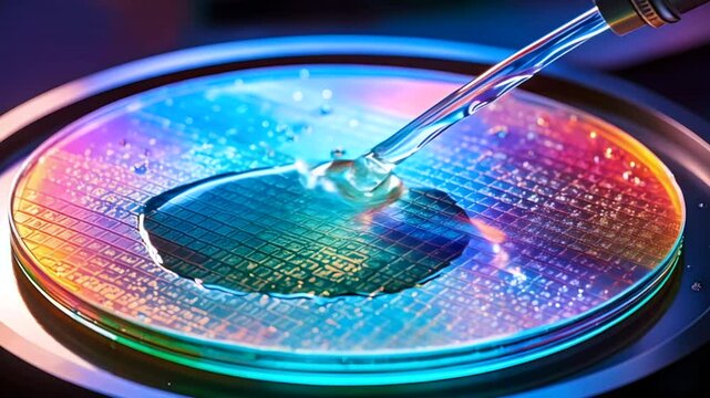 3D Animation of Semiconductor Wafer Cleaning Process in Manufacturing Plant. Closeup.