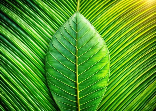 A close-up shot of a vibrant green leaf with intricate veins against a soothing background of palms on a flat lay surface - Powered by Adobe