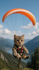 Obraz premium Cat parachuting over mountains.