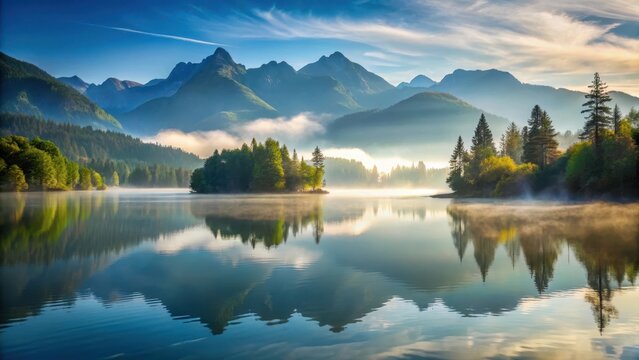 Serene landscape with misty mountains and serene lake
