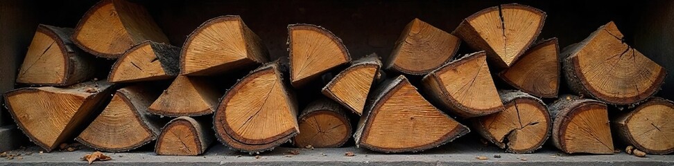 A rustic pile of seasoned firewood, ready for a cozy fire Perfect for autumn, winter, or fireplace themes Shows natural textures and warm, inviting tones , forest, pile, holiday