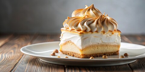 Rich dessert art on a white ceramic plate with a slice of Tall Baked Alaska revealed