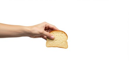 a hand holding a loaf of bread on a white background