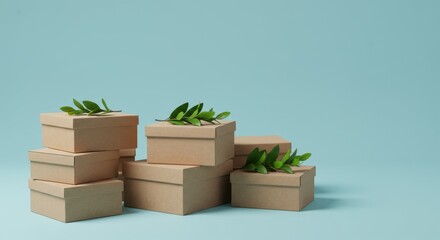 Eco-Friendly Cardboard Boxes with Greenery - Sustainable packaging concept, showcasing eco-conscious delivery, natural elements, gift-giving, and simple elegance. Represents freshness, nature