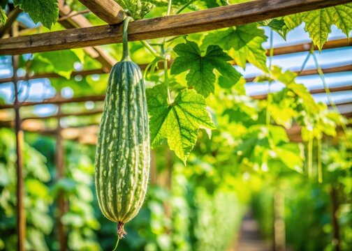 Bitter gourd plant climbing up a trellis with green leaves and vines