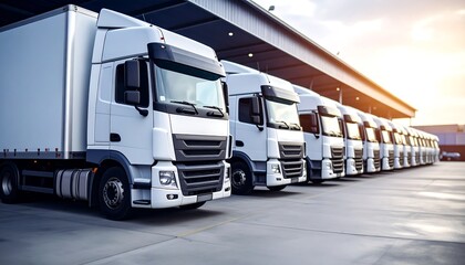 Fleet of White Semi Trucks Parked at Logistics Warehouse