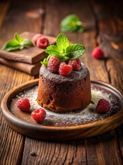 Rich chocolate lava cake with fresh raspberries and cocoa dust on a rustic wooden plate