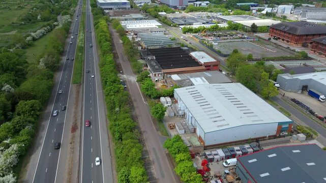 Aerial footage of modern industrial estate logistics and quantum data facility in UK