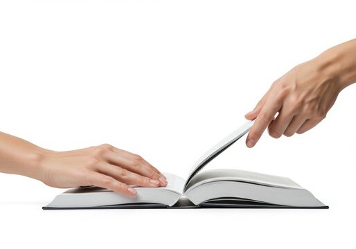 a hand flipping through a book on a white background