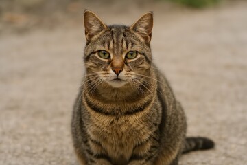 Calm tabby cat sitting outdoors.