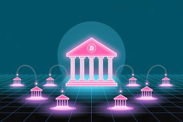 Neon Pink Bitcoin Bank Building and Network of Smaller Banks on a Retro Grid Background