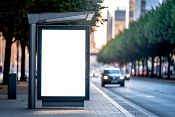 Blank Advertising Billboard at City Bus Stop, Modern Urban Street Scene with Blurred Traffic and Trees