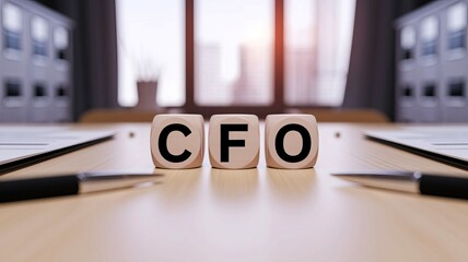 CFO Acronym Spelled with Wooden Cubes on Desk in Office Setting near Documents and Pens