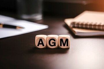 AGM Meeting Wooden Cubes Spelling Annual General Meeting on a Desk with Notebook and Pen