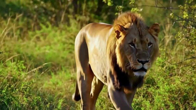 alpha male lion walking in forest