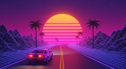 Retro Sunset Drive  12-48-54 p0 i1 - A vibrant 80s-inspired scene, symbolizing freedom, nostalgia, adventure, technological advancement, and a journey into the future