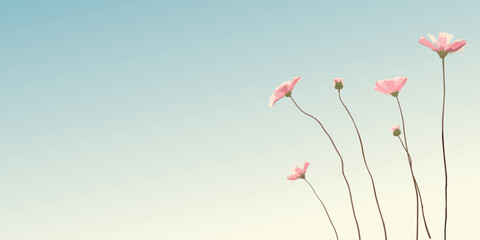 Pink flowers with sunrise sky background graphic illustration have blank space.