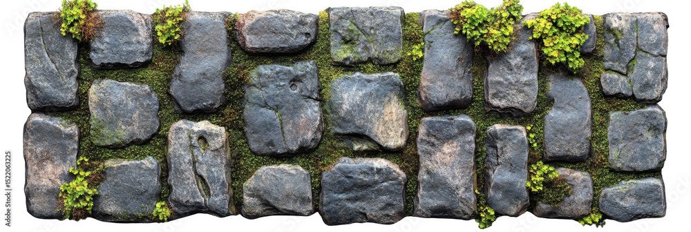 Poster rectangular cobblestone arrangement with patches of green moss and small plants growing between the 