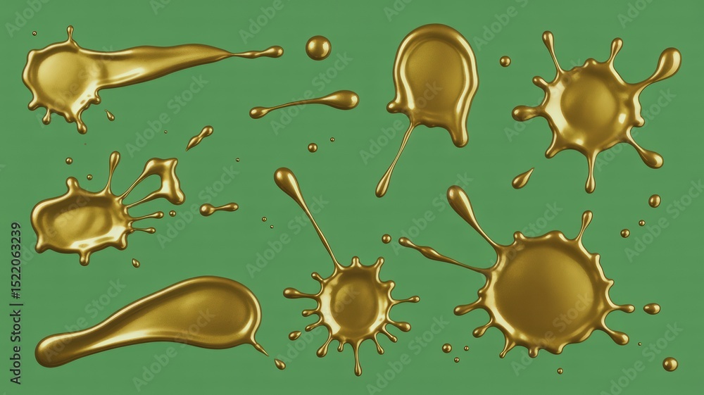 Poster golden liquid splashes on green backdrop a captivating display of fluid dynamics and metallic luster